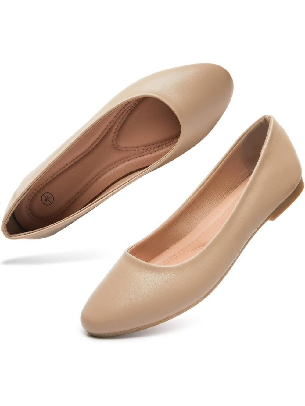Women's Nude Comfortable PU Leather Round Toe Solid Slip on Ballet Flat Shoes